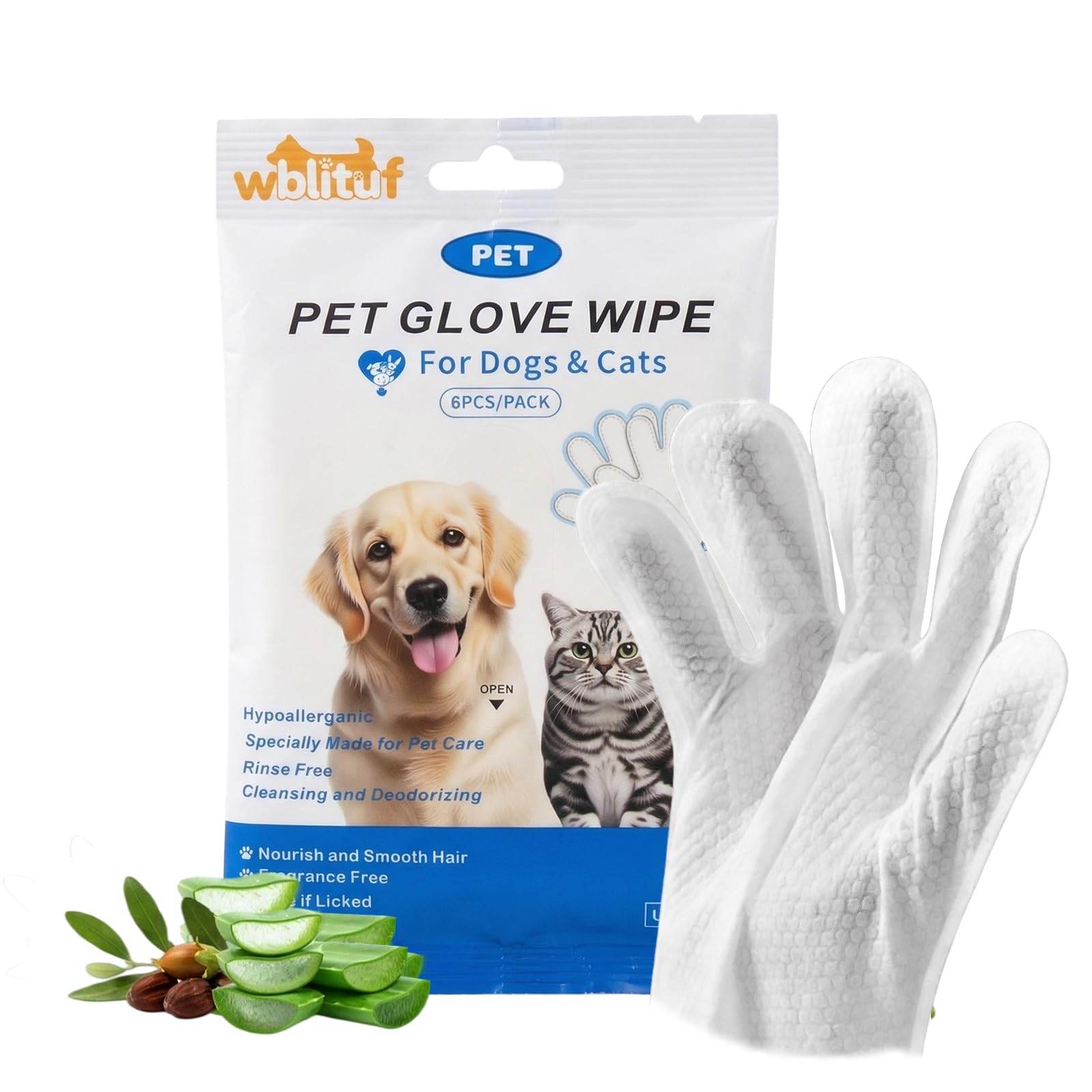 Pet Cleaning Gloves (6 Count) | Extra Thick Disposable Grooming Gloves with Aloe &amp; Jojoba Oil, Waterless No-Rinse Odor Control, Lick-Safe Five-Finger Design for Cats &amp; Dogs