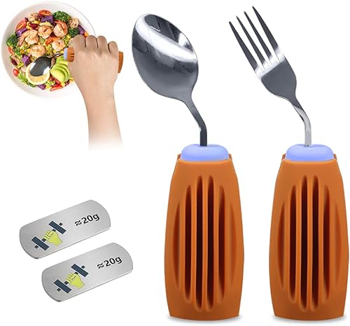 Juego de utensilios adaptativos gruesos y sólidos con accesorios de peso (morado y marrón, cuchara y tenedor para mano derecha)