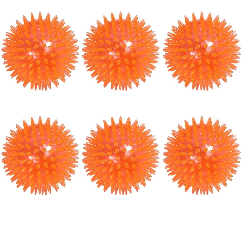 ELMAIN Hundespielzeug für Katzen, Welpen, klingendes Spielzeug, quietschender Zahnreinigungsball, Training, Haustierzähne, Kauspielzeug, Dornenbälle, 6 Stück, Orange, 9 cm