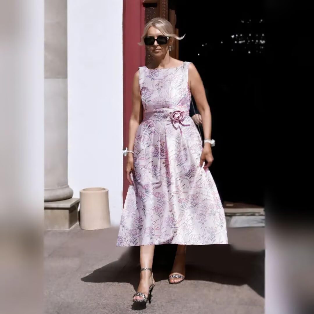 Satin Tea Length Mother of Bride Dress for Women Floral Print Elegant Formal Wedding Guest Dresses with Pockets - Image 4