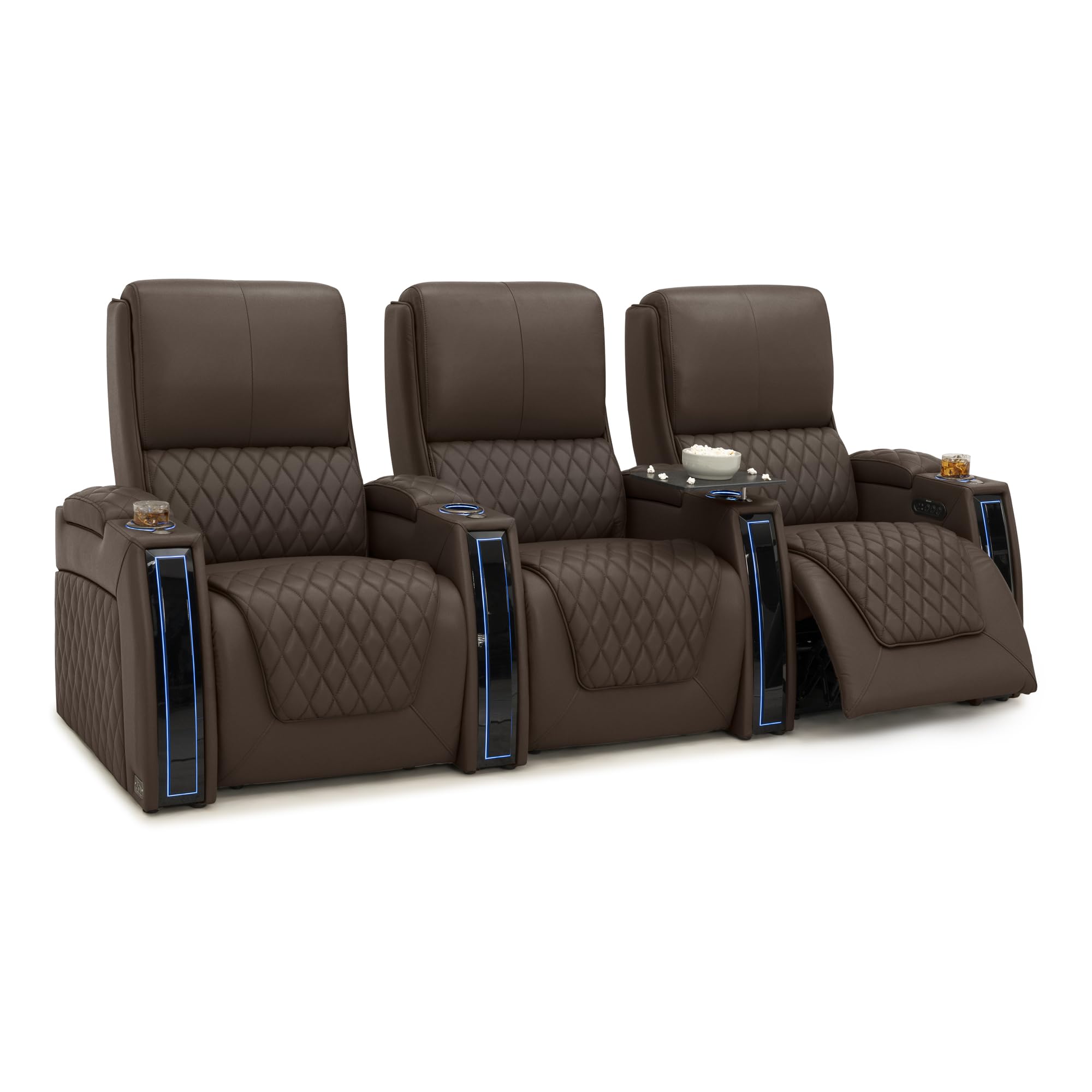 Seatcraft Apex Home Theater Seating, Living Room, Powered Headrest, Powered Lumbar, Powered Recline, Italian Leather, USB Charging, Row of 3, Brown