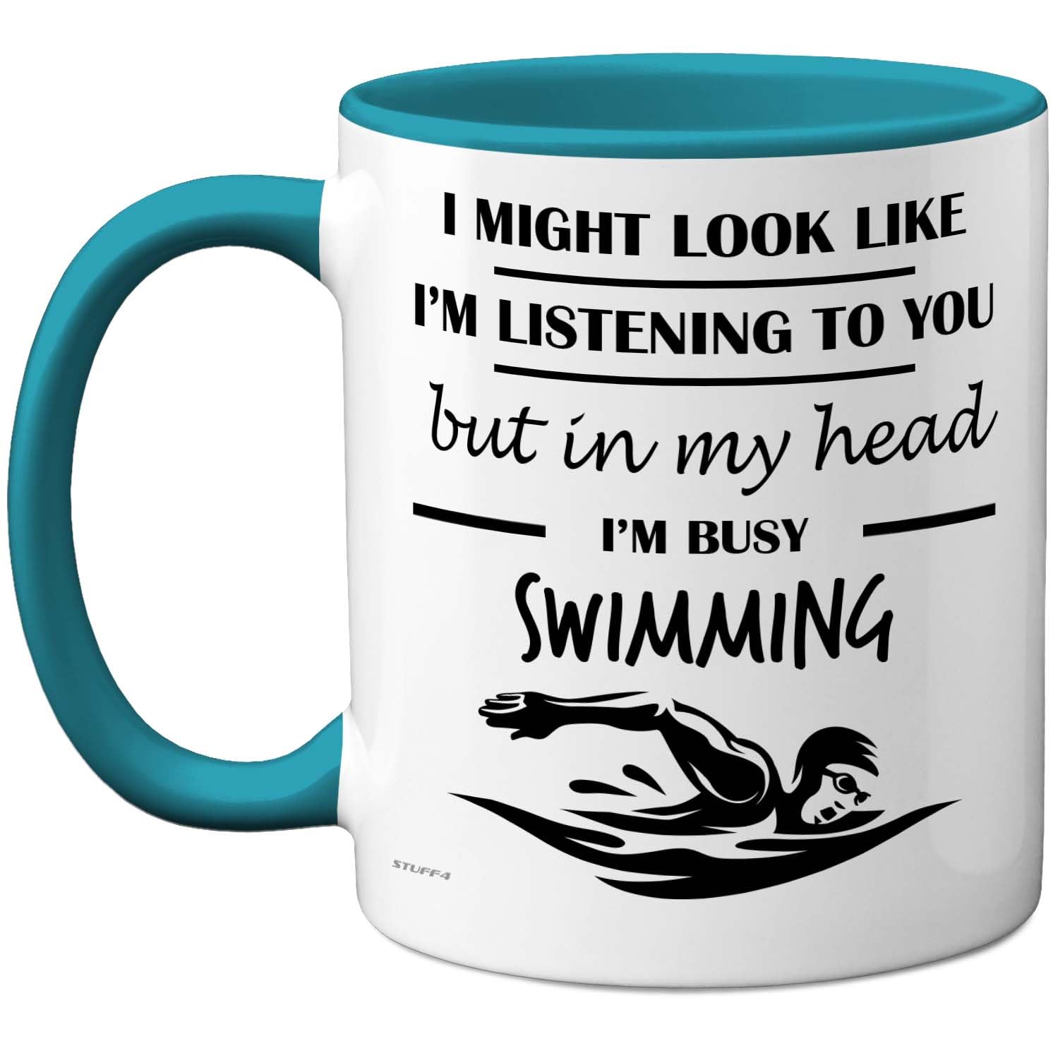 Stuff4 Swimming Gifts - in My Head Mug - Funny Gift for Swimming Lover Men Women - 11oz Premium Ceramic Dishwasher Safe Light Blue Handle Mugs Novelty Cup