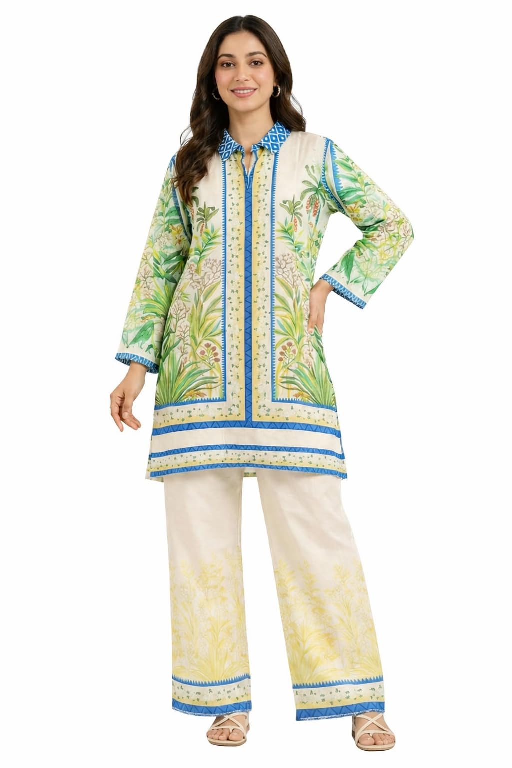 S.P. Collection's Floral Printed Kurta Pant Set, Cotton, Straight Fit, Notch Neckline, 3/4 Sleeves, Wide-Leg Palazzo, Festive and Casual Wear (IN, Alpha, 3XL, Regular, Cream)-picture-28