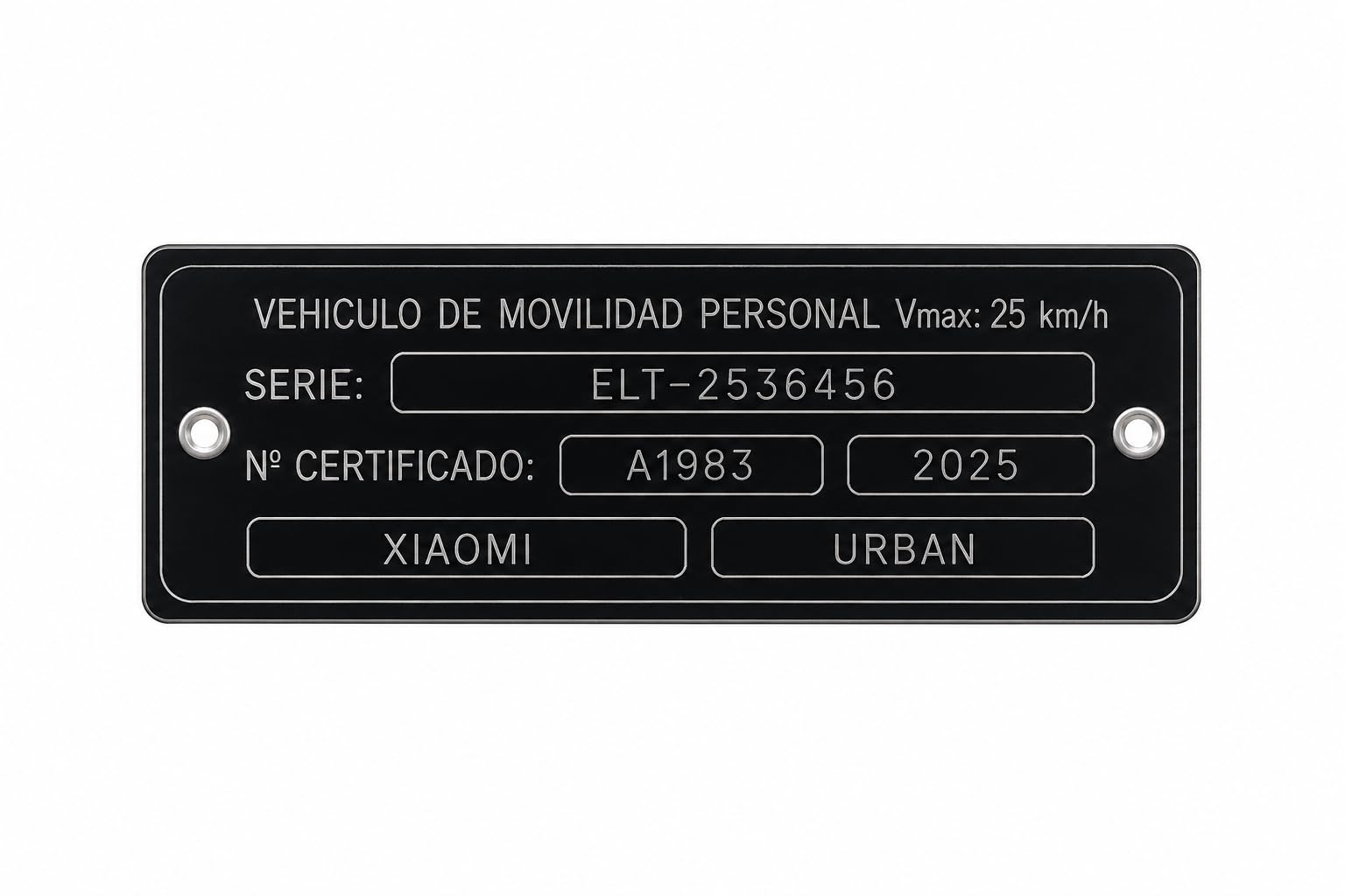 Placa Identificativa para Patinete Eléctrico VMP | Compatible con Normativa DGT | Aluminio Anodizado 104 x 30 mm | Grabado Láser Permanente | Placa Identificación para Patinetes Eléctricos |