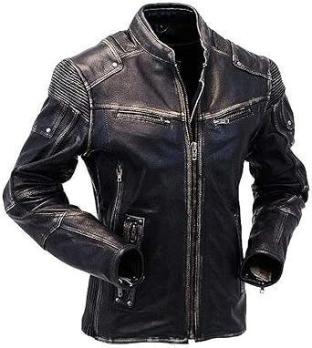 Mens Cafe Racer Leather Jacket - Genuine Lambskin Leather Biker Style Mens Vintage Motorcycle Jacket