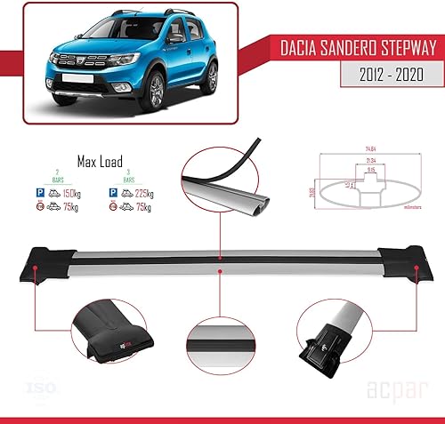 Miniatura 4 de Compatible con Dacia Sandero STEPWAY 2012-2020 Barra transversal para techo de coche, modelo gris