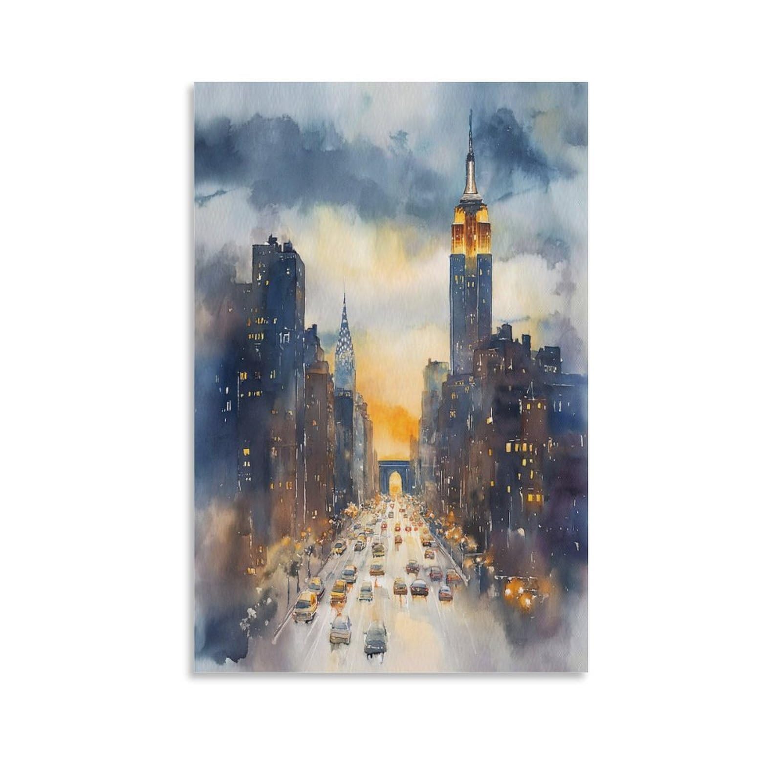 XWYMXZ NYC Skyline Watercolor 24x36inch(60x90cm) Vintage Travel Poster Watercolor Canvas Art