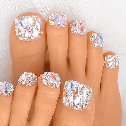 Sethexy Uñas postizas cuadradas cortas hechas a mano con diamantes de imitación para boda, cubierta completa, uñas postizas de cristal de lujo, uñas