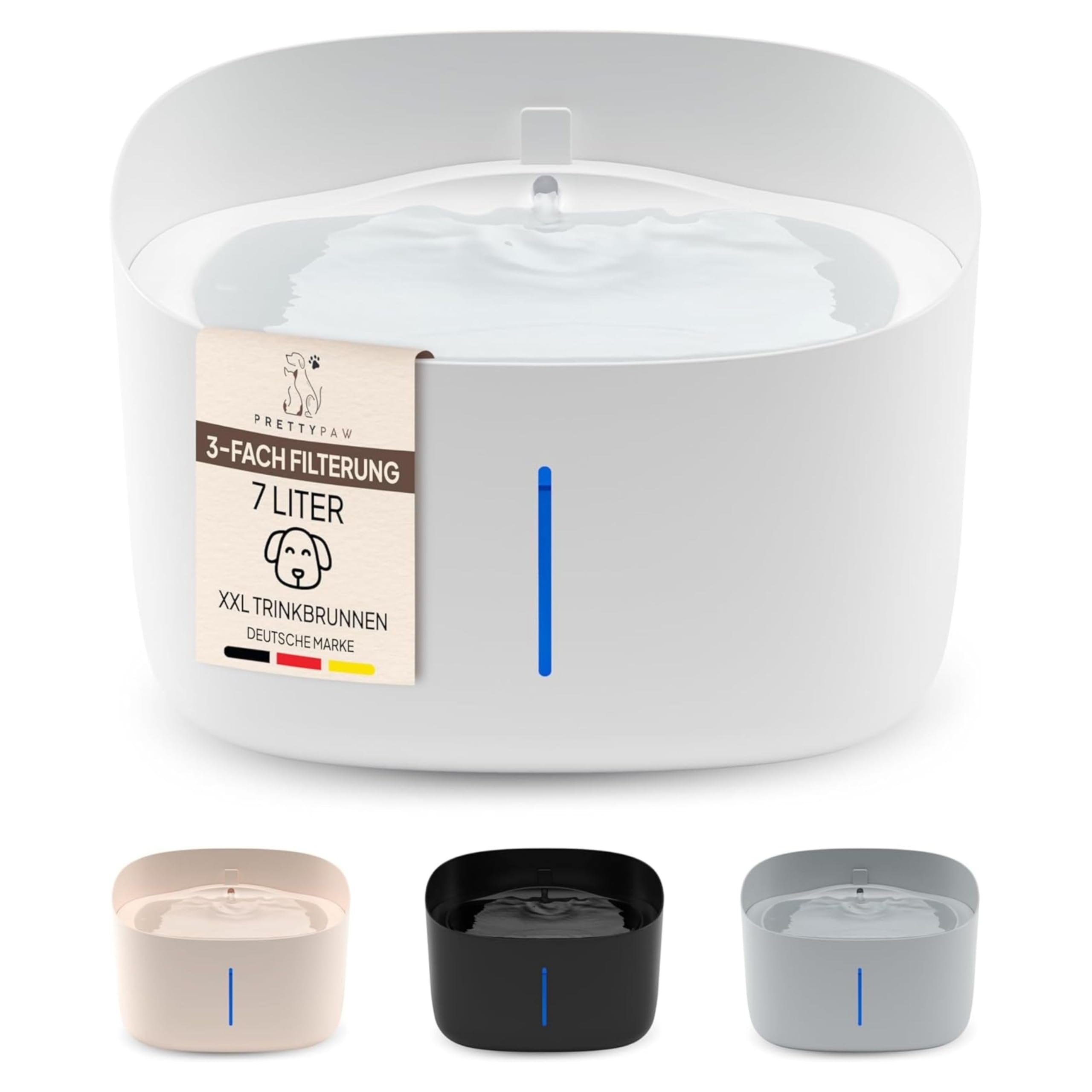 Pretty Paw Fontaine à Eau Chien 7L Grande Capacité - Filtration Charbon Actif, Circulation Continue, Indicateur LED, Distributeur d’Eau pour Chiens et Chats - Dog Stream (Blanc)