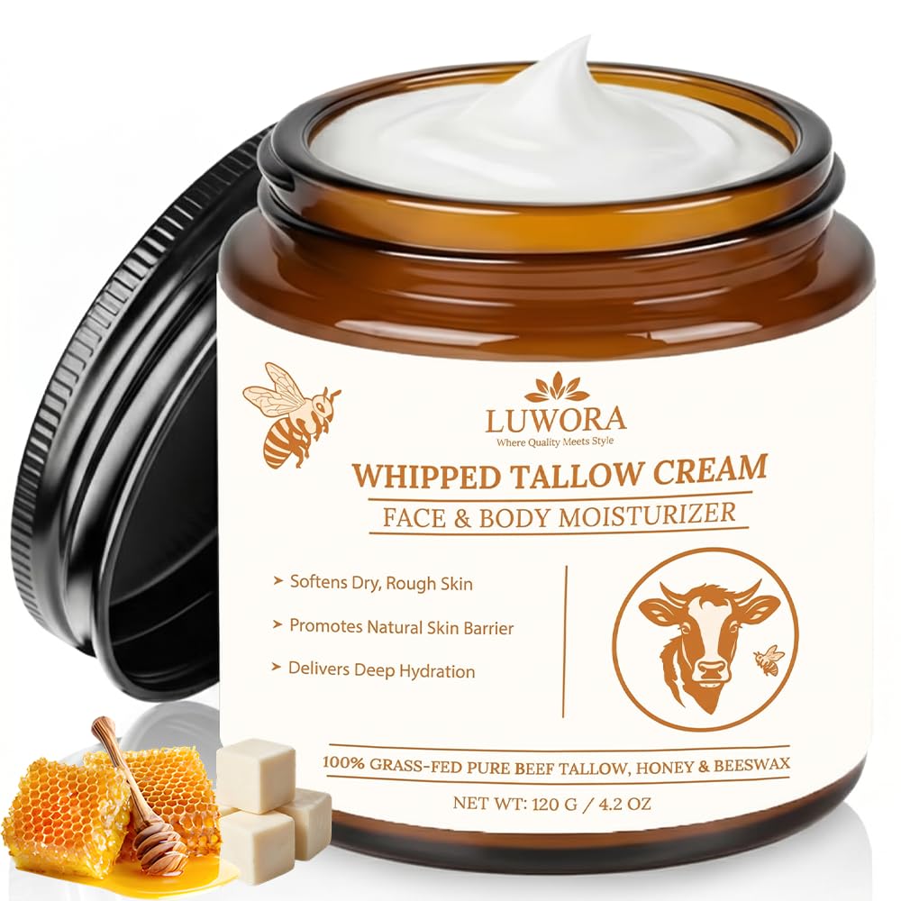 Grass-Fed Beef Tallow Cream – Organic Moisturizing Tallow Balm for Face & Body, Whipped Tallow and Honey Balm Moisturizer, Anti Aging Skin Cream, Deep Hydration for Dry & Sensitive Skin