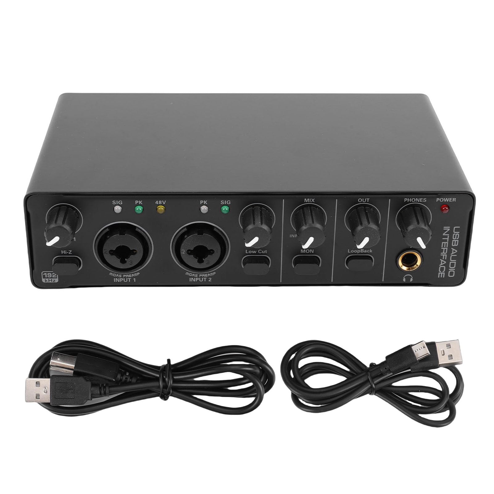 Fockety Interfaz de Audio USB C, Interfaz de Audio de Estudio de Grabación de 24 Bits 192 KHz con Entrada XLR y Alimentación Fantasma de 48 V para Grabación, Podcasting, Guitarrista (BLACK)
