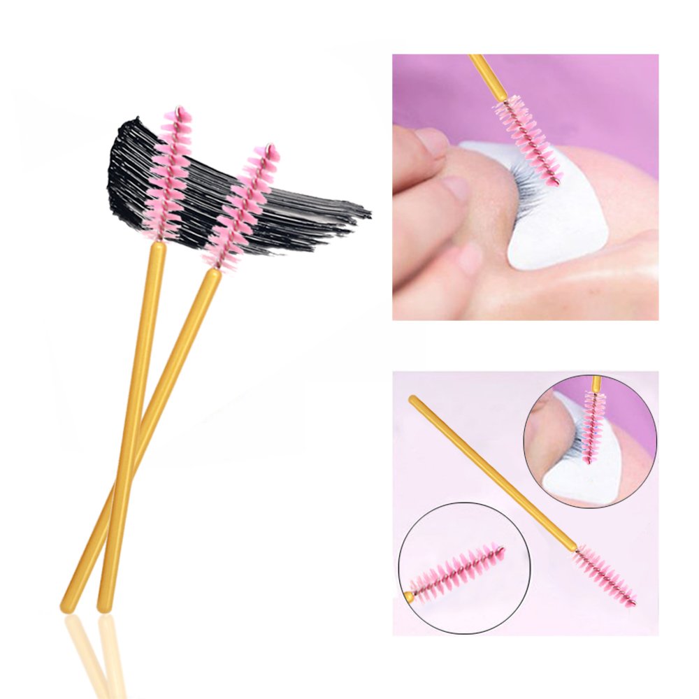 100 Pack Mascara Wands Bulk Disposable Eyelash Brushes Lash Extensions Makeup Brush Applicator Tool Bulk, Gold/Pink 1