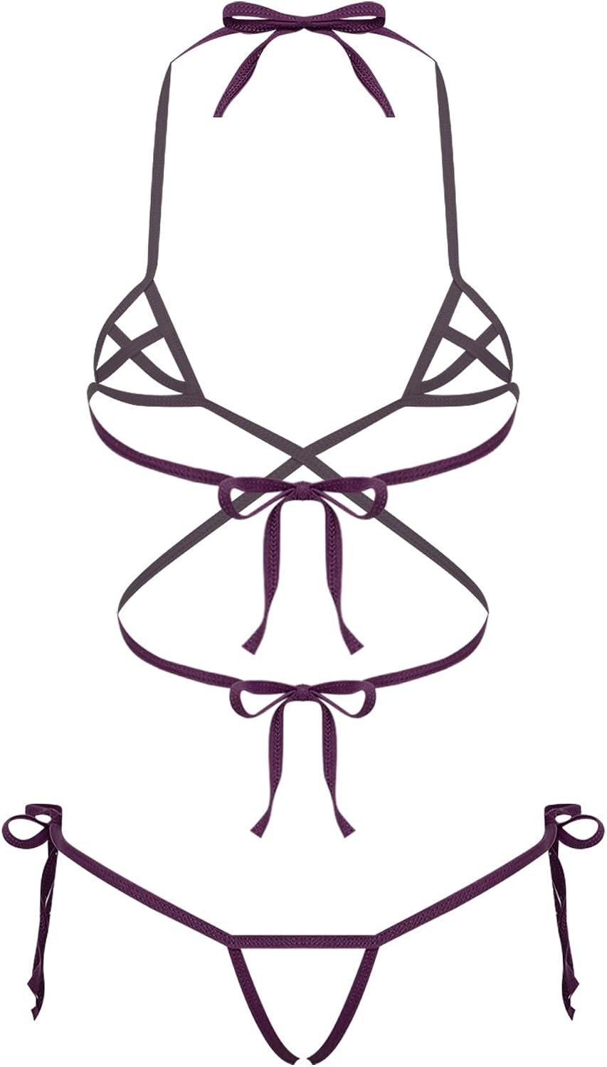 Women Adult Halter Bra Top with Panty Lingerie 2 Pcs Set Extreme Swimwear Nightwear Tanning Suit