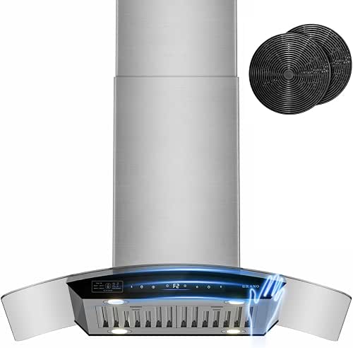 BRANO 36 Inch Island Range Hood, 900 CFM Voice/Gesture/Touch Control