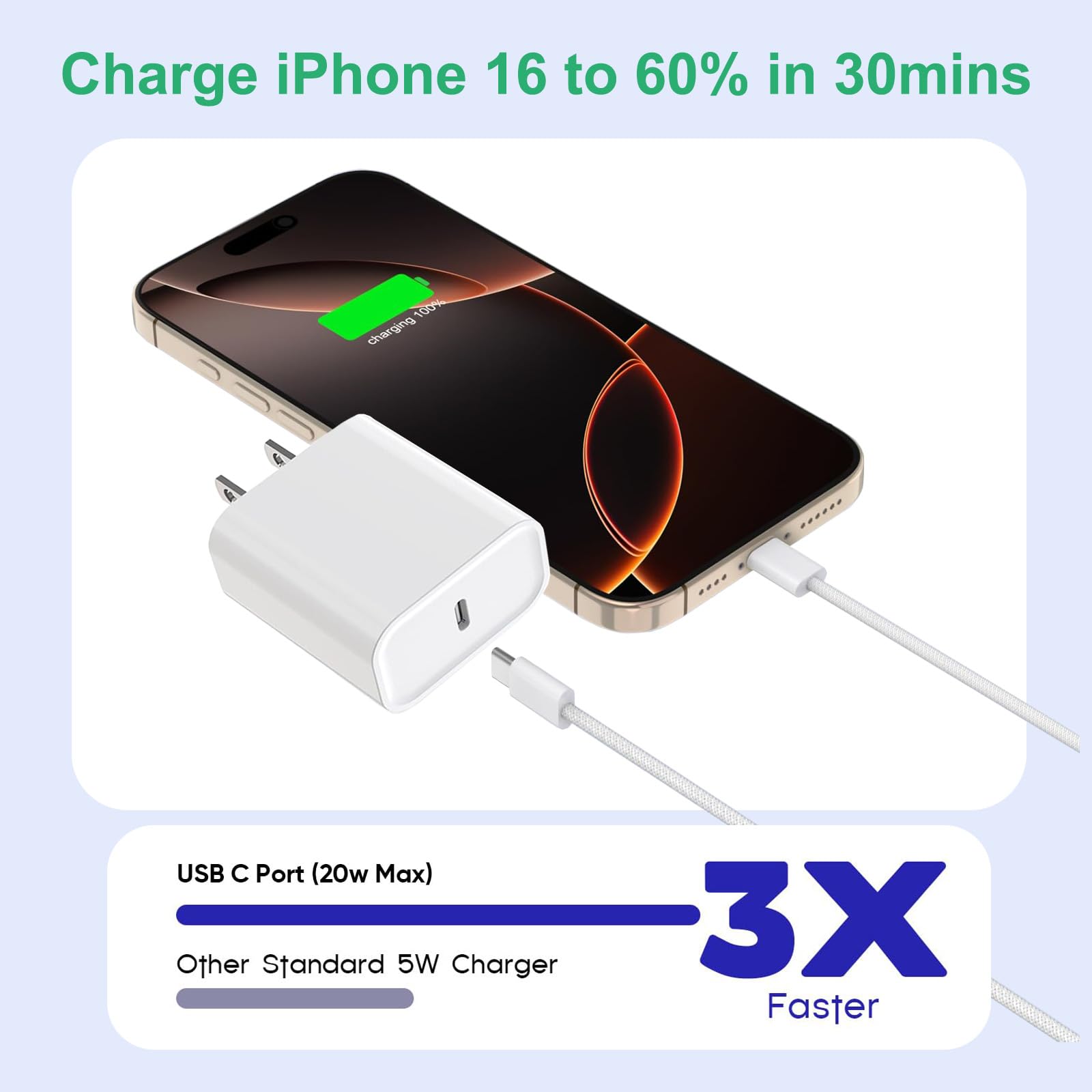 Cargador de carga rápida para iPhone 16 15, paquete de 3 cargadores USB C de carga rápida de 20 W con cable tipo C a C de 10 pies de largo, ladrillo de bloque tipo C para iPhone 16e/16/16 Pro/16 Plus