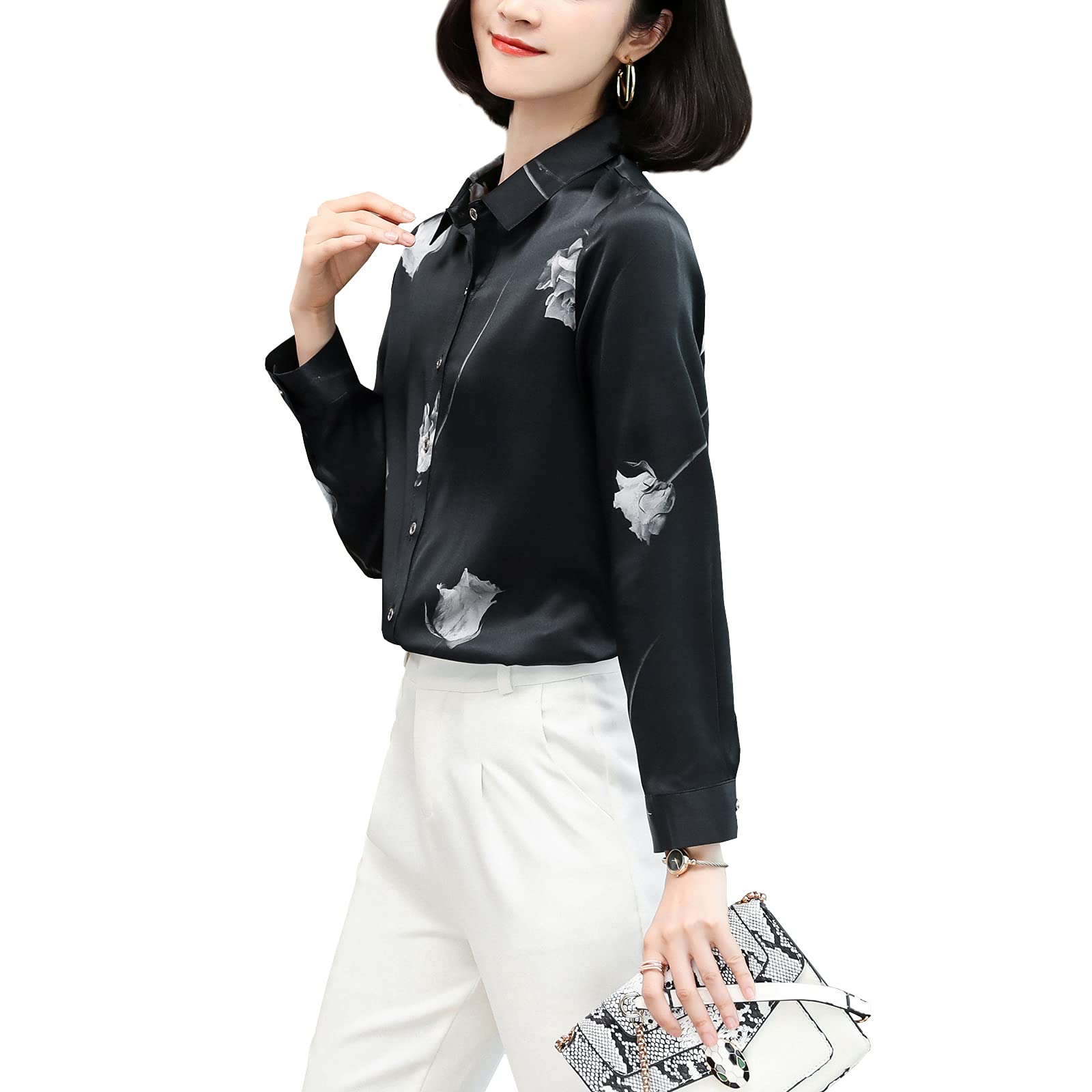 Valin Blusa de seda para mujer con estampado de botones, blusa de manga larga con solapa, blusa de seda, S9082