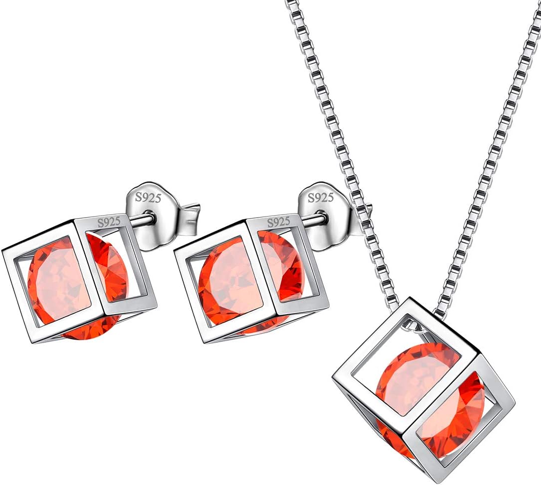 Aurora Tears Birthstone Necklace/Earring 925 Sterling Silver Women Cross/3D Cube/Cresent Moon Birth Stone Jewelry Mens Birthday Gift Anniversary Present