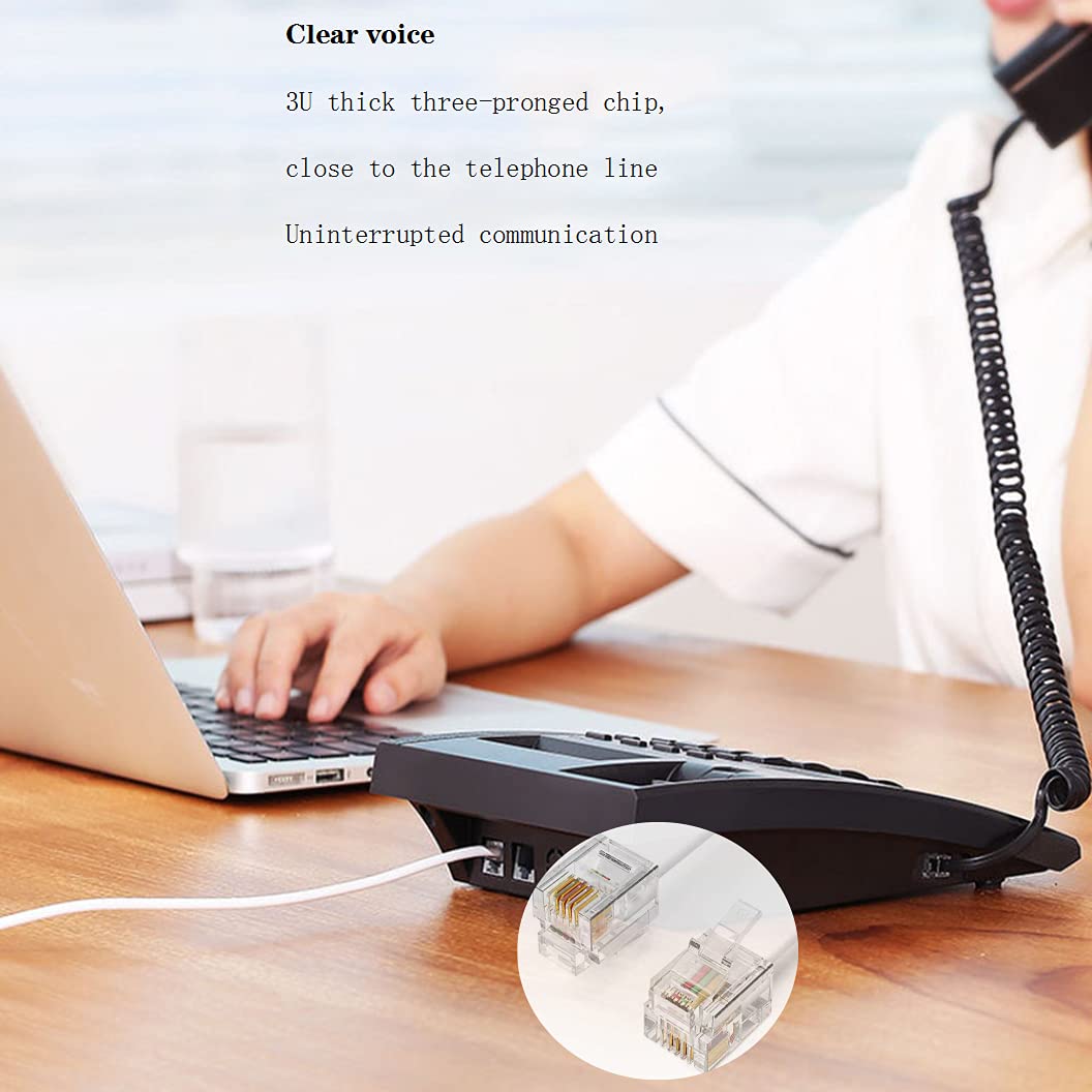 Cable de extensión de teléfono de 100 pies, cable de teléfono con conector RJ11 estándar y acopladores de línea de 2 pulgadas y 35 soportes de clip de cable, blanco (100 pies)