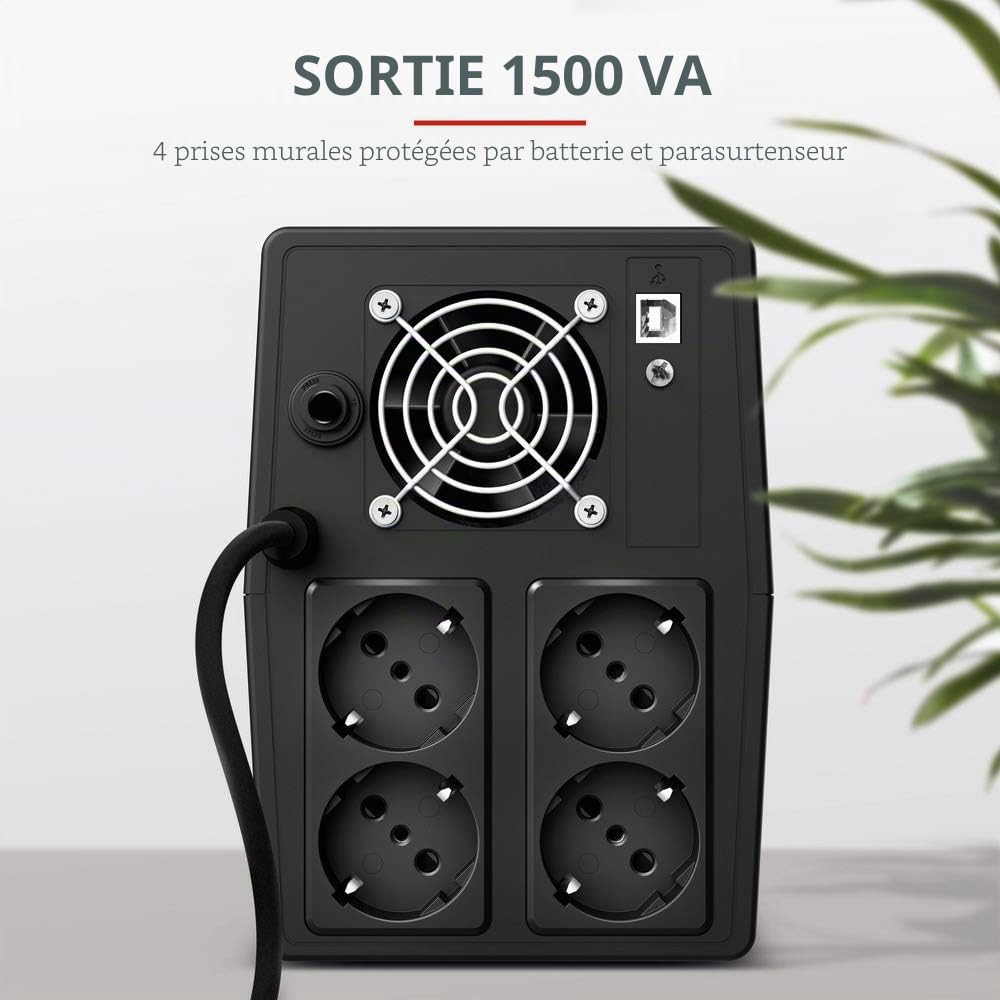Trust Paxxon UPS Onduleur PC 1500VA, Fonction AVR 230V, Alimentation d'énergie Non Interruptible pour Ordinateur, 4 Prises Schuko, Batterie avec Protection Intégrée Contre Les Surcharges - Noir
