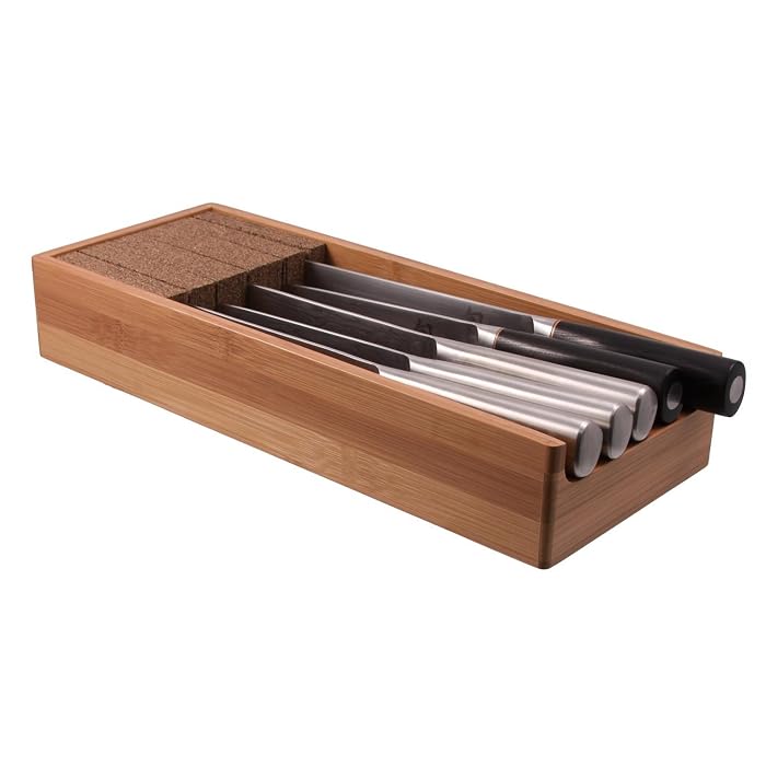 KNIFEdock bamboo in-drawer knife organizer with cork composite dividers