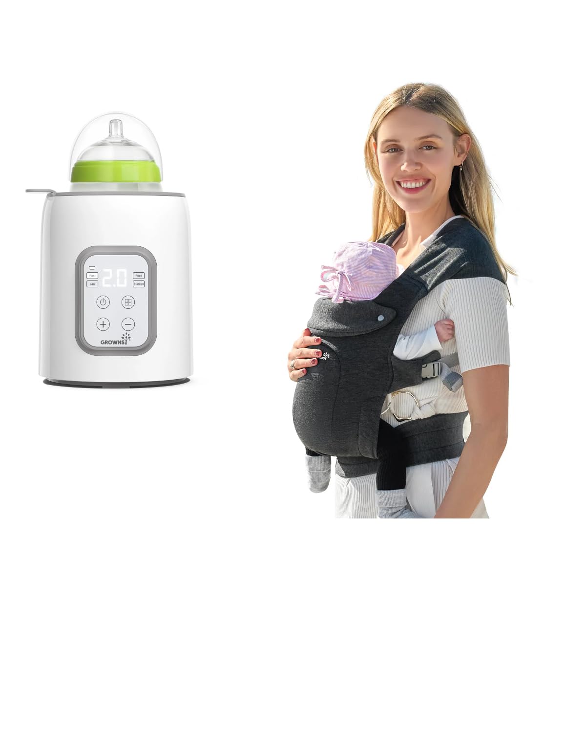 GROWNSY 8-in-1 Fast Bottle Warmer Grey with Baby Carrier Deep Grey