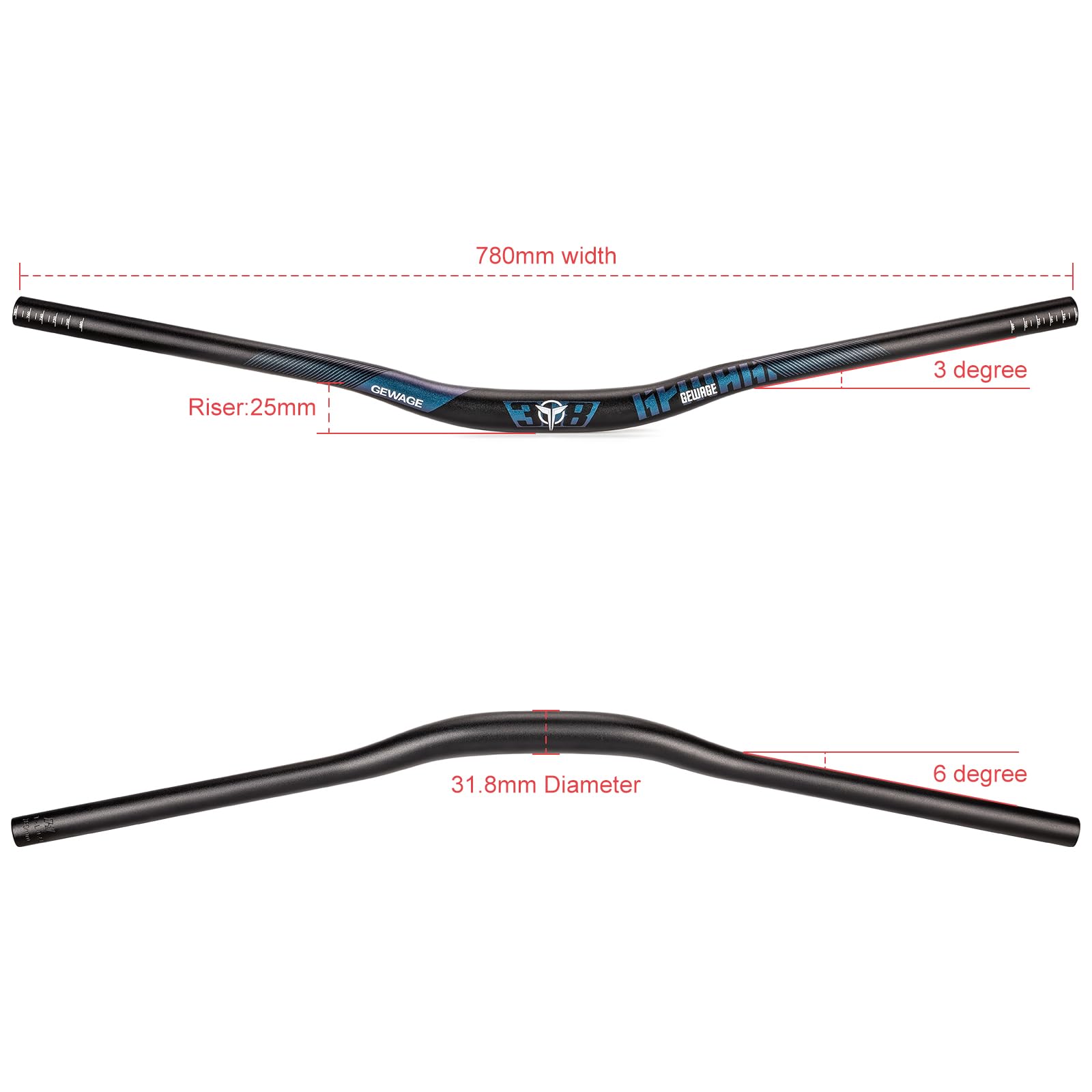 GEWAGE Kierownica Riser 780 mm — aluminium 6061, średnica mocowania 31,8 mm, backsweep 12°, 5 wysokości (25/55/70/90/120 mm) — szeroka i lekka kierownica do MTB/Road/Hybrid (Blue, Rise 25mm)