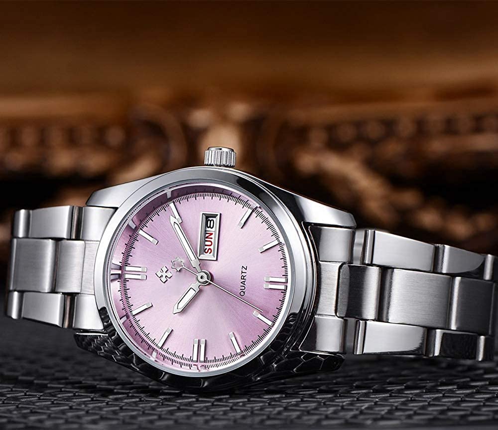 Relojes para mujer, analógico, de cuarzo plateado, de acero inoxidable, luminoso, impermeable, para mujer, Rosado, Movimiento de cuarzo 6