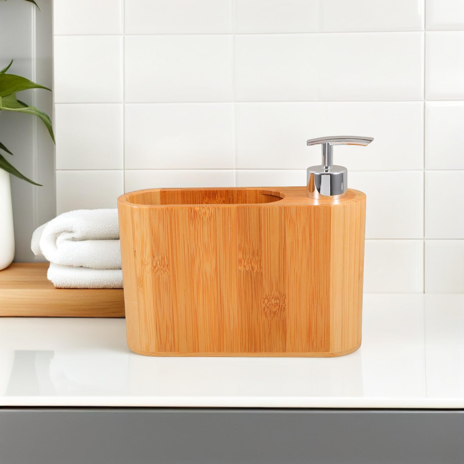 Dispensador de Jabón Recargable de Madera Ovalado Diseño Elegante para Baño y Uso Hogar, Multifuncional y Reutilizable
