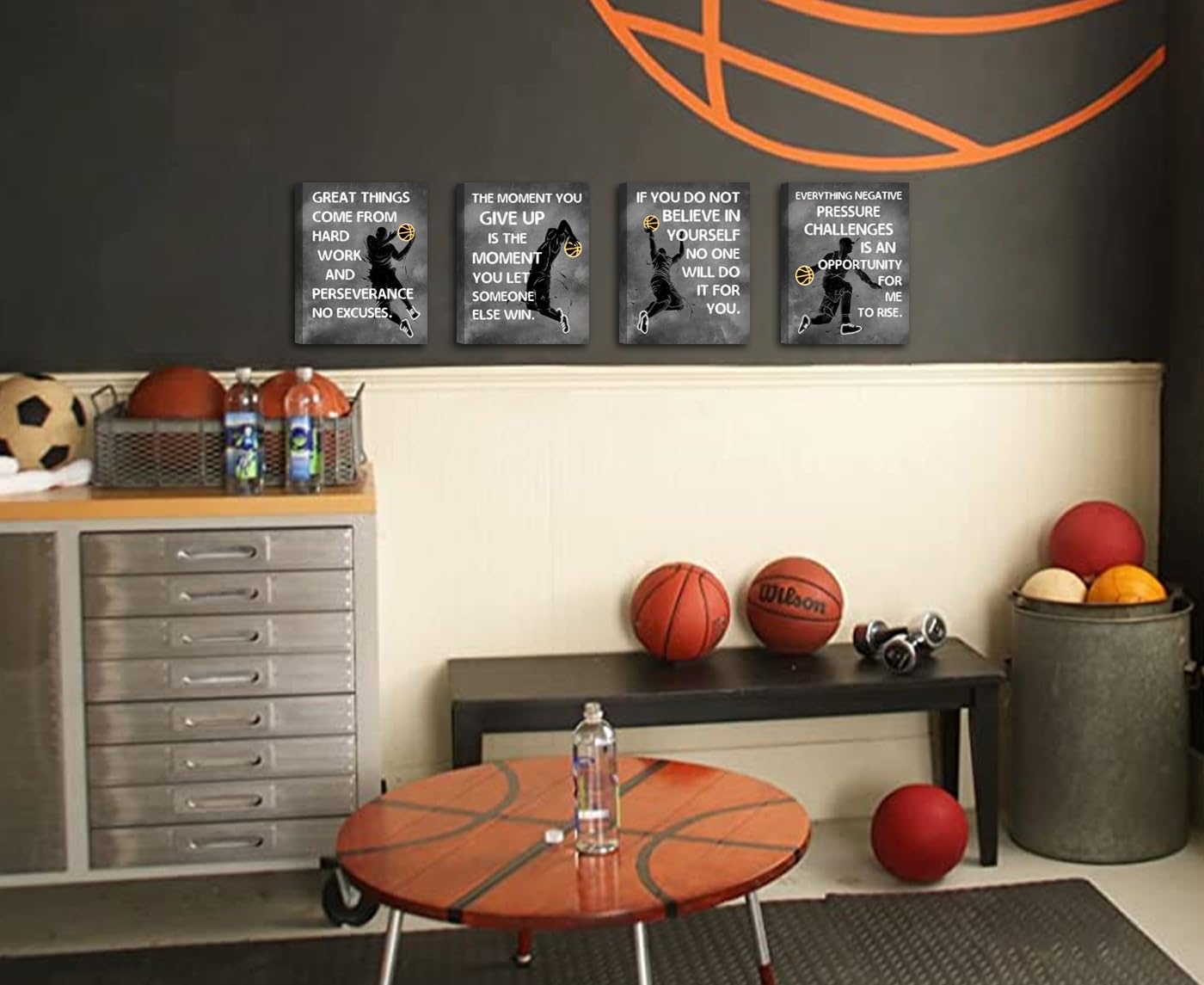 Stampe artistiche da parete motivazionali con frasi motivazionali e motivazionali sul basket, decorazione da parete astratta da parete, su tela, per camera da letto, palestra, uomini, set regalo da 4