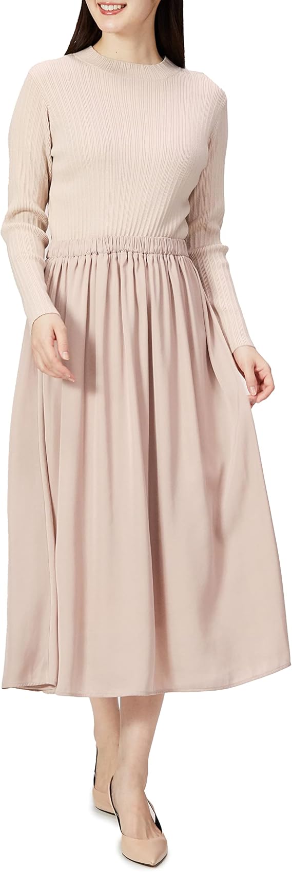 Amazon Co Jp ナチュラルビューティーベーシック カジュアルドレス 割繊ドッキングニットワンピース レディース ピンクベージュ M ファッション