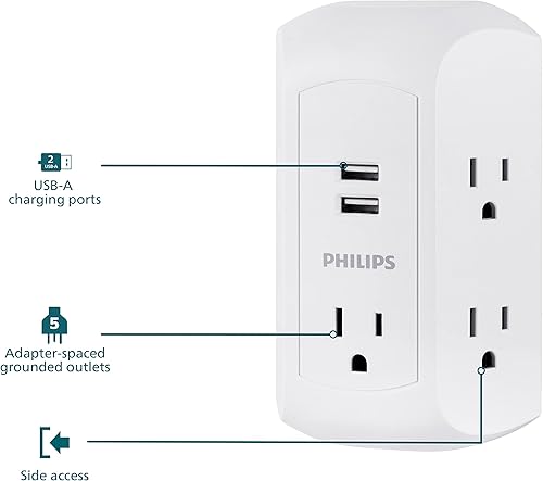 Miniatura 2 de Accesorios Philips - Extensor de 6 Enchufes, para teléfono celular, espaciado, adaptador de corriente, 3 clavijas, cargador de pared multisalida, 1