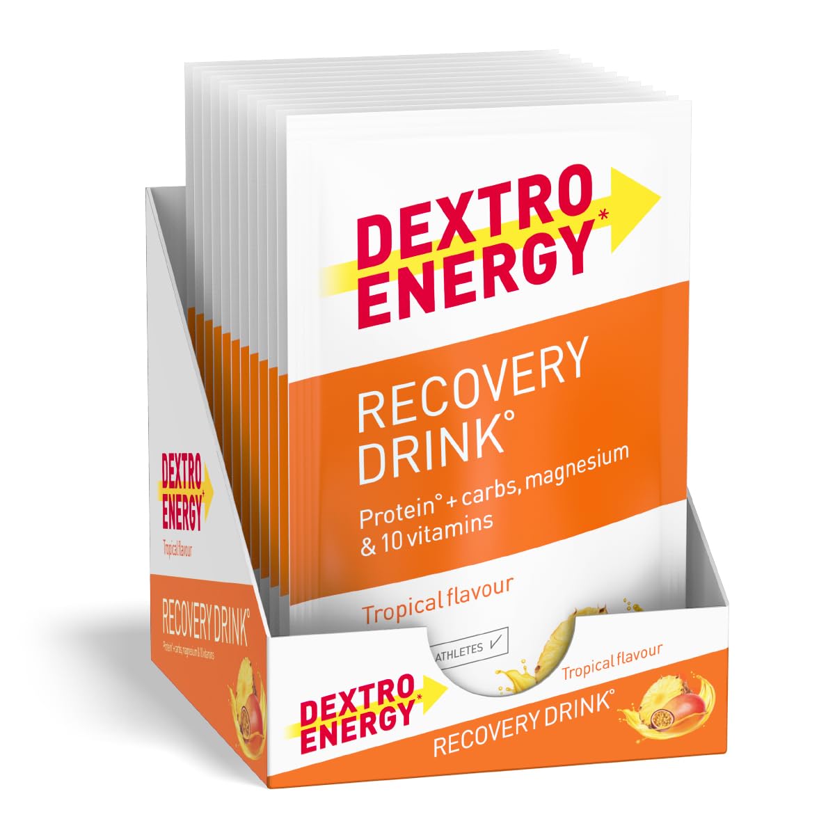 Dextro Energy Recovery Drink Tropical - 14x44,5g (14 Stück), Elektrolyt Pulver mit Magnesium, Vitamin E, C, B1, B2, B3, B6, B12, Folsäure, Pantothensäure, 3:1 Kohlenhydrat Protein Mix, Regeneration