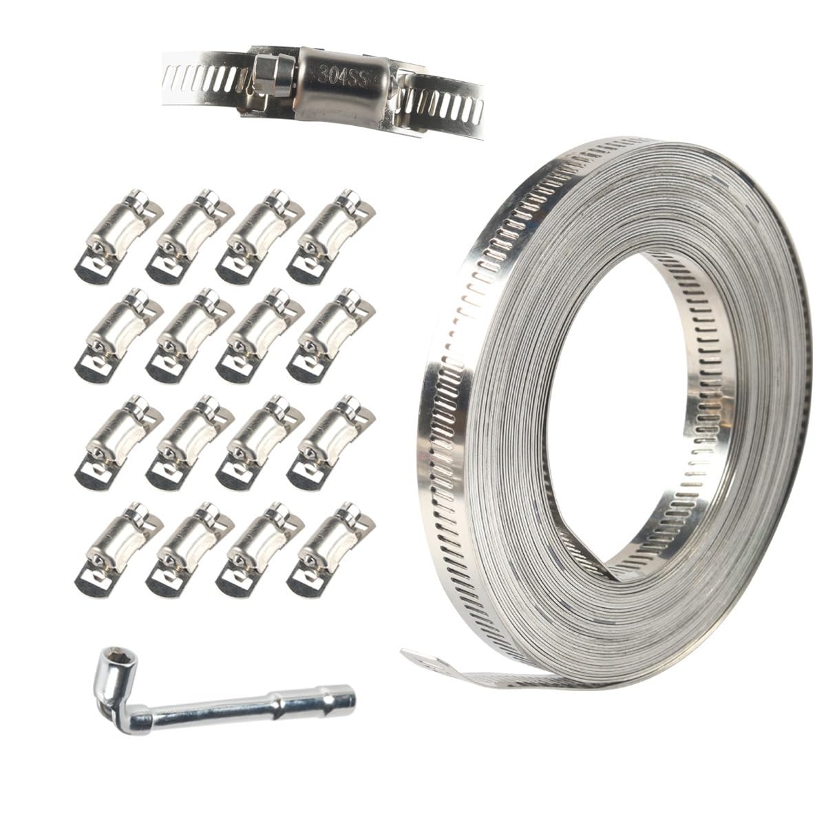 Generic 304 stainless steel hose clamp combination kit clamp tightening clamp locking ring 10m Metal Strap with 16 lock heads and sleeve tools Adjustable Screw Clamps for Pipe,Duct