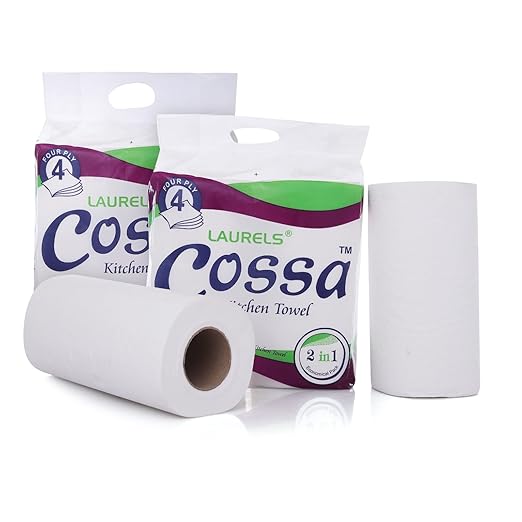LAURELS COSSA Kitchen Towel Tissue Paper Pack Of 2, 70 Pulls 4 Ply 560 Sheet Hygienic Fresh Environment Friendly Water Dissolvable Disposable Dry Tissue Roll Made With 100% Virgin Fibre