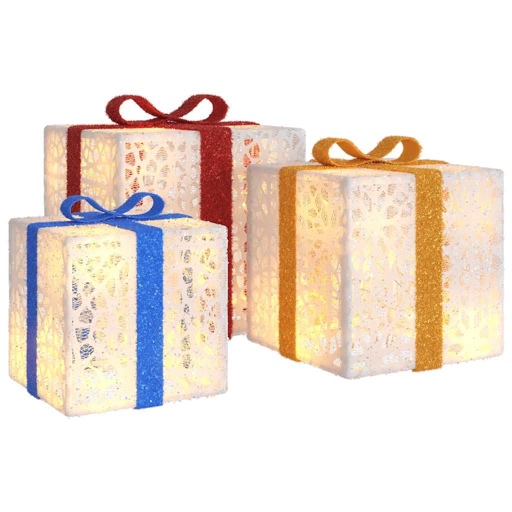 Set di 3 scatole regalo illuminate, 64 LED, luce bianca calda, decorazione natalizia con 8 effetti di luce, per interni, atmosfera festiva, risparmio energetico, alimentazione USB, diverse