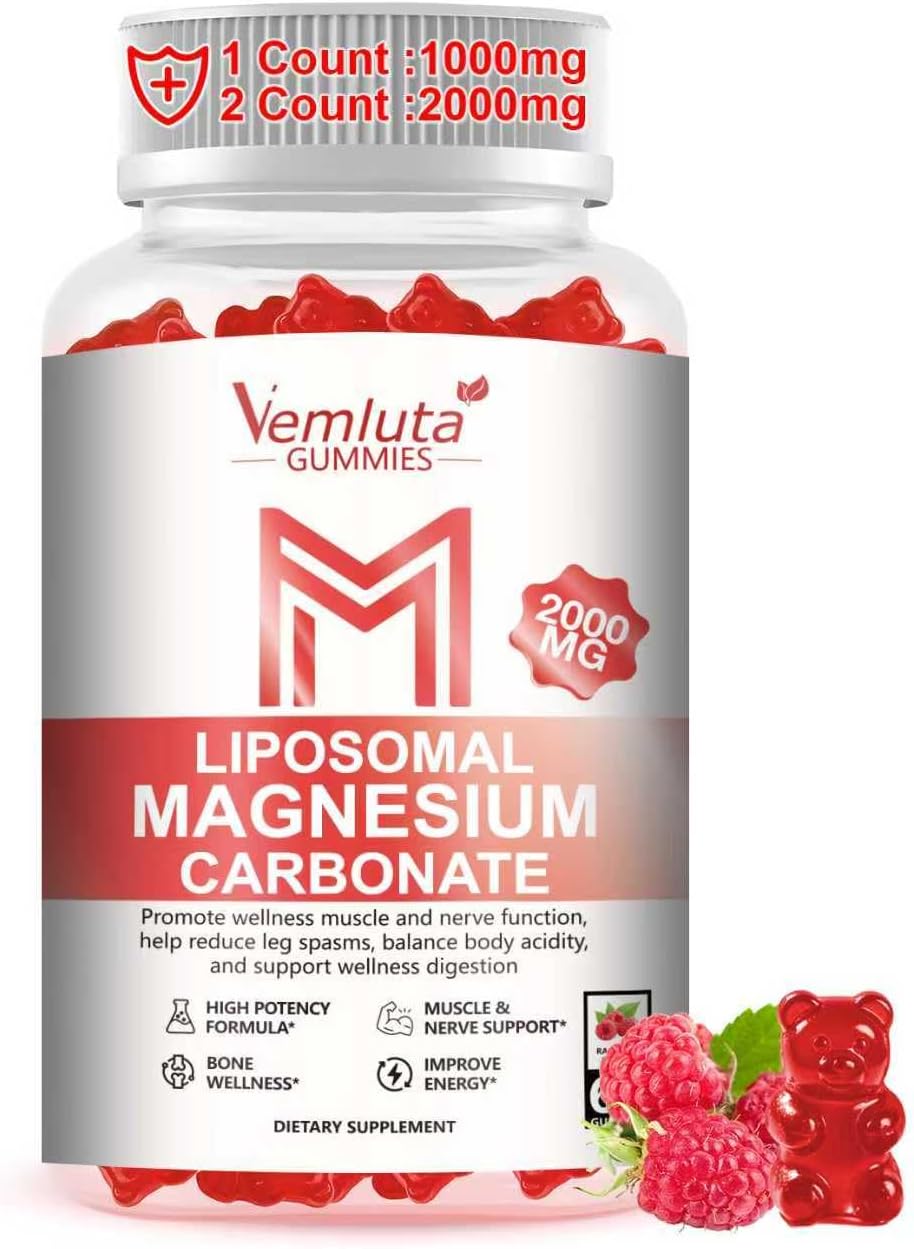 2 Packs Liposomal Magnesium Carbonate Gummies(Per One:1000mg,Per Two: 2000mg),High Absorption Magnesium Carbonate Supplement for Adults with Calcium & D3, B6 & Zinc for Nervous