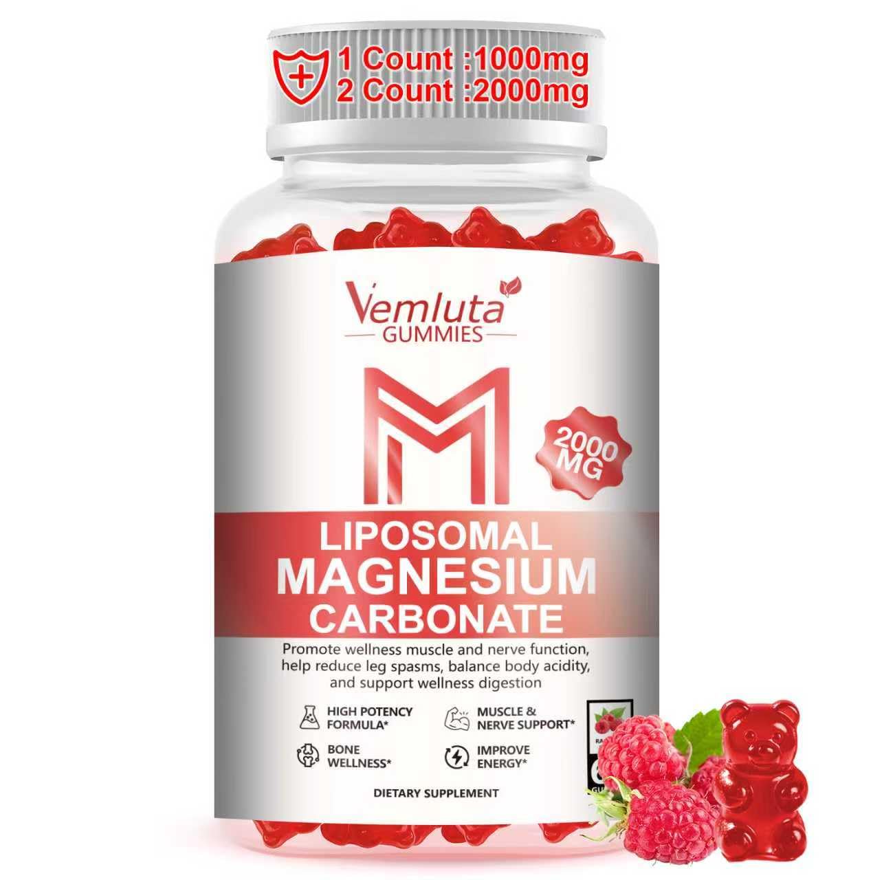 Liposomal Magnesium Carbonate Gummies(Per One:1000mg,Per Two: 2000mg),High Absorption Magnesium Carbonate Supplement for Adults with Calcium & D3, B6 & Zinc for Nervous Raspberry 60 Count (Pack of 1)