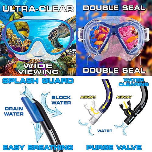 Reef Tourer Youth Single-Window Mask & Snorkel Combo Set For Kids, Black/Metallic Blue (Mirrored Lens), One Size #TOP4