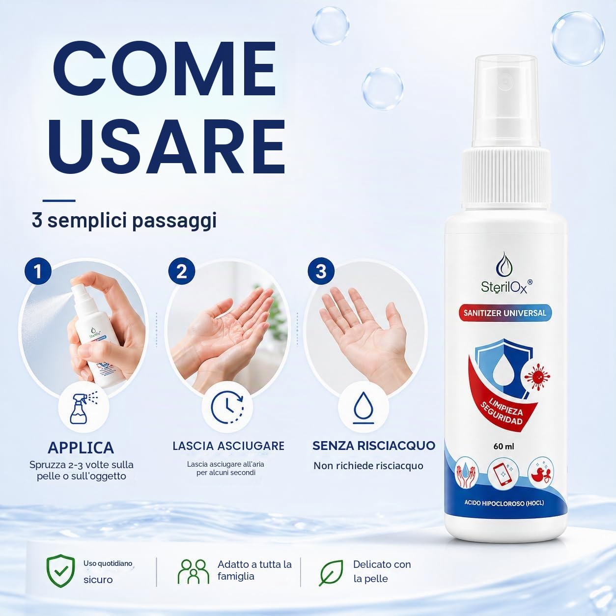 60 ml, spray cosmetico antisettico, per mani, giocattoli, piatti, oggetti, sicuro per bambini e animali domestici, senza alcool, senza profumo, con acido ipocloroso (HOCl)