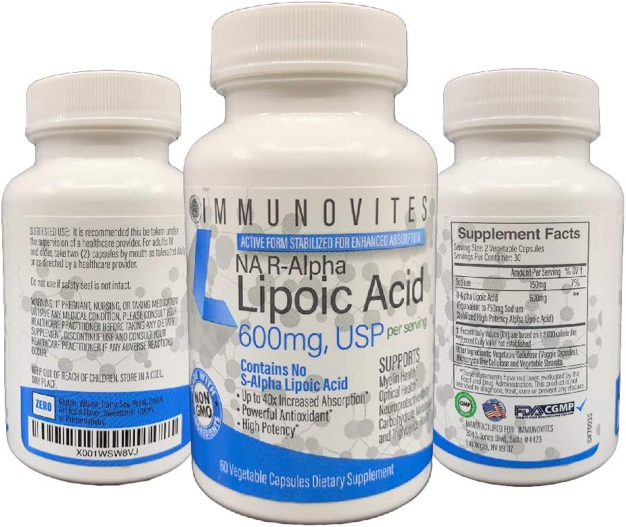 IMMUNOVITES 3-Pack Stabilized R-Alpha Lipoic Acid ((True)) 600mg per Serving [[High Potency & up to 40x Increased Absorption]] (Na R-ALA) (Na R-LA) (Na R-Lipoate) (3 Bottles)
