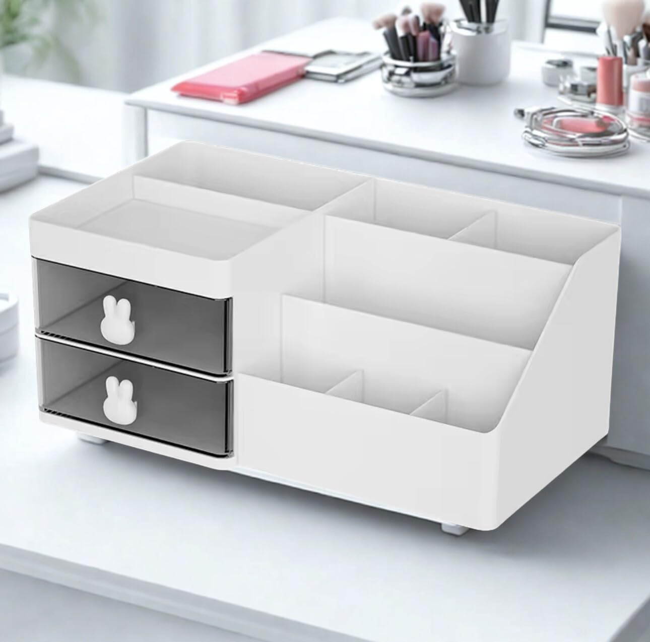 Bathroom Makeup Organizer and Storage with Bunny Handle - Detachable 2 Drawer Kids Electric Toothbrush and Toothpaste Holder for Bathroom Accessories Organization Counter Vanity Storage, White