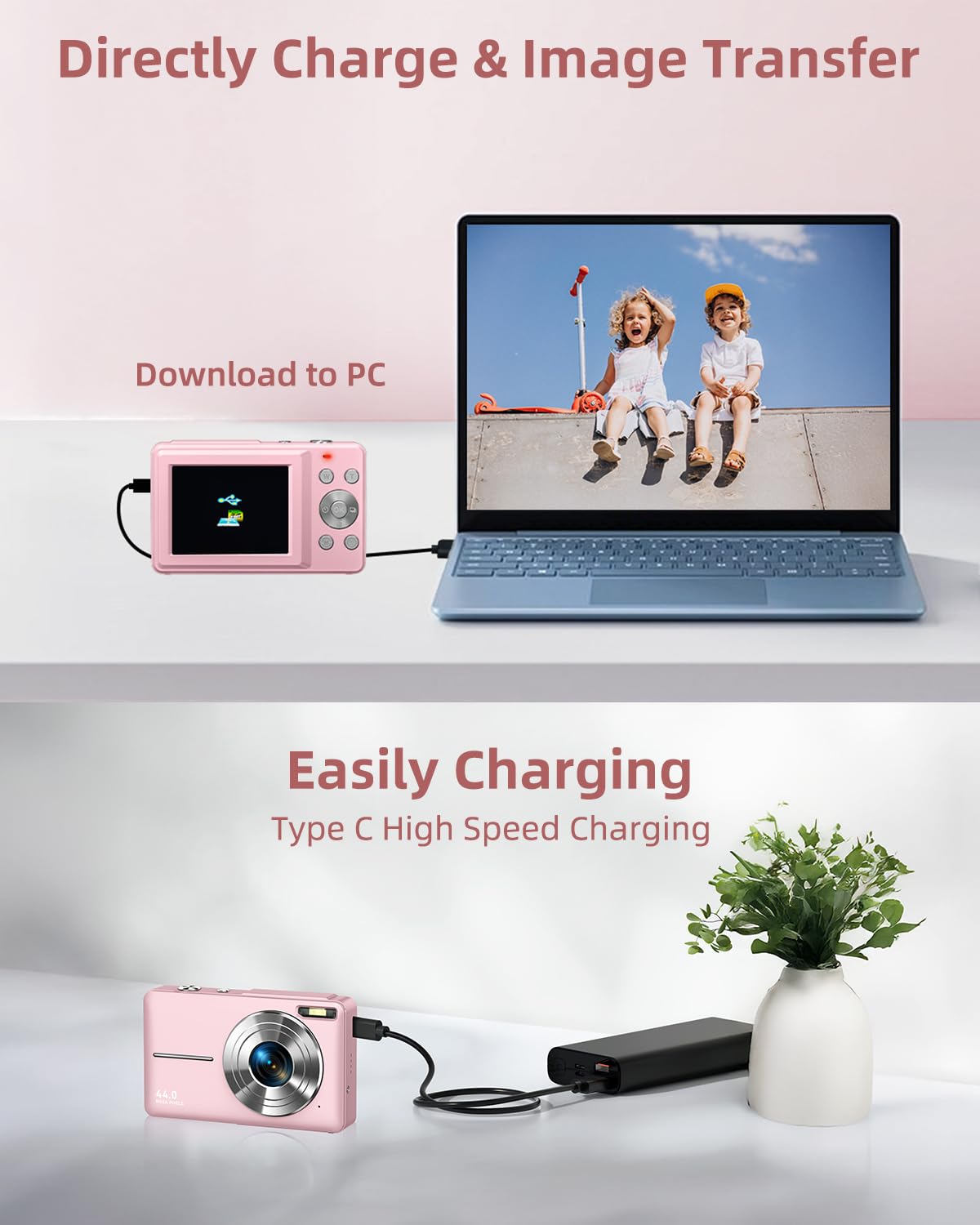 CAMKORY Digital Camera, Full HD 1080P Point and Shoot Camera, 44MP Kids Camera with 32GB Card, 16X Zoom, Pink — view 7
