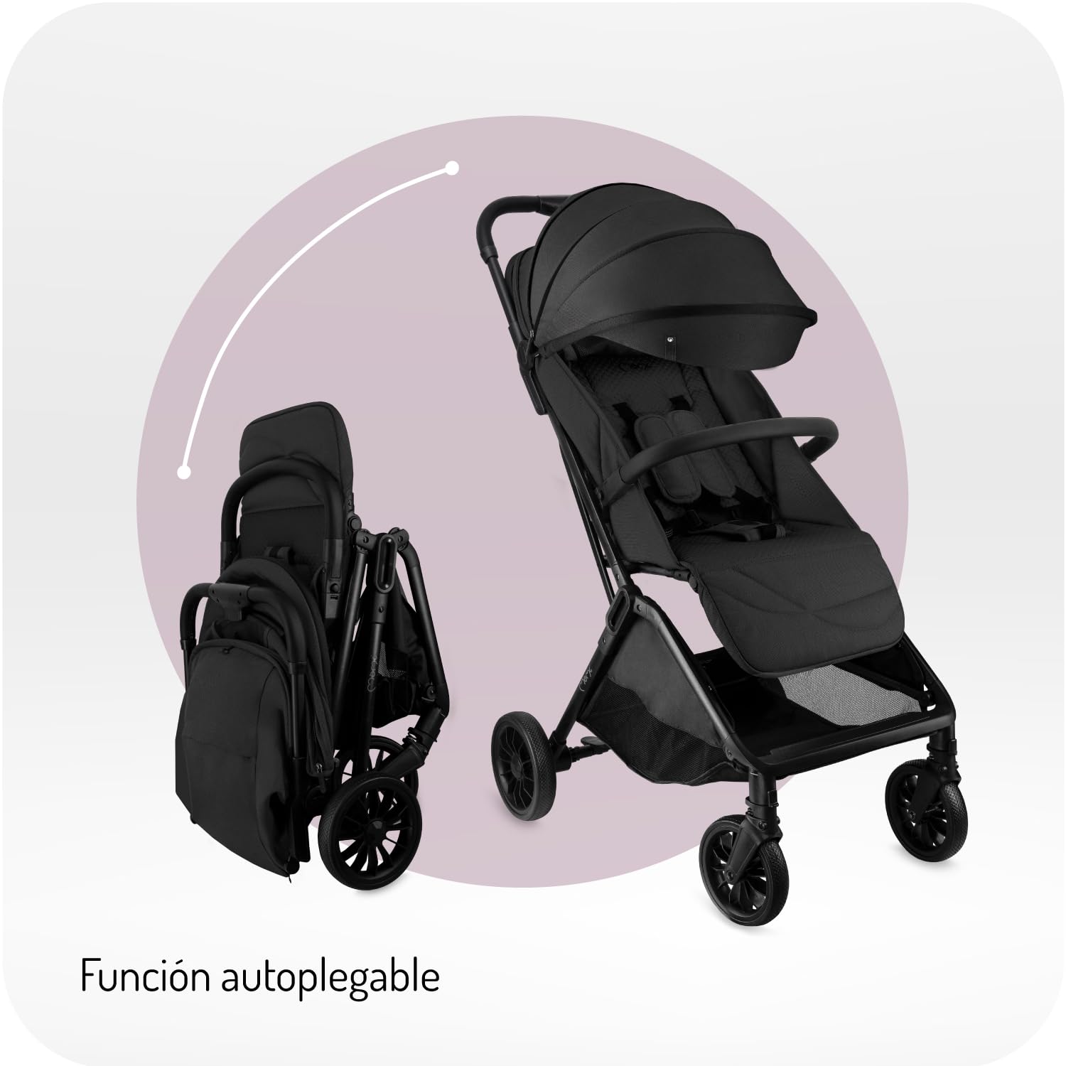 MoMi ANDREA Silla de Paseo Ligera Autoplegable hasta 22 kg | Plegado con Una Mano, Arnés de 5 Puntos, Ruedas EVA, Capota UPF 50+, Mochila, Portavasos, Mosquitera y Burbuja de Lluvia
