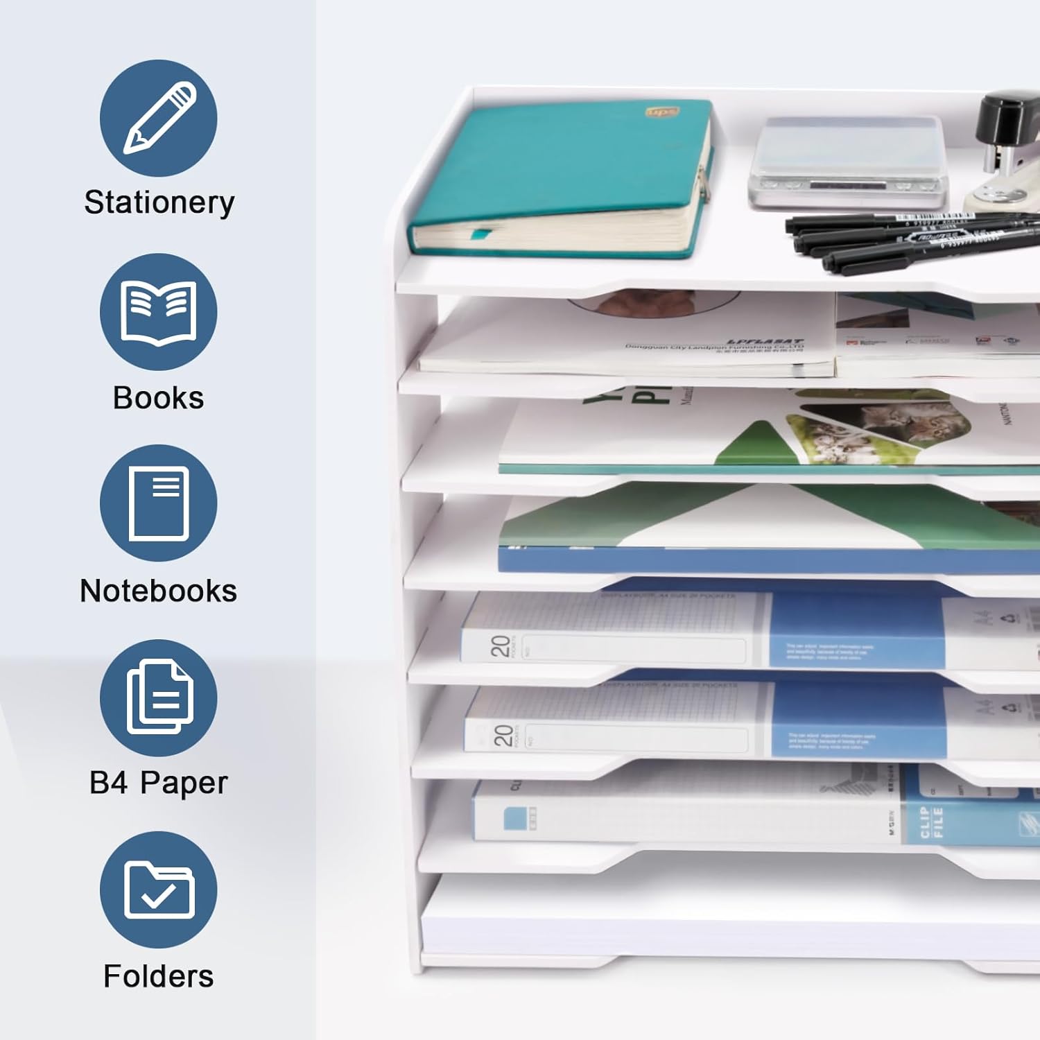 SONGWAY Large File Organizer for Desk - 8 Tier Legal Size Paper Storage Holder, File Sorter, Letter Mail Tray, Desktop Paper Storage Organizer for Home Office School - Image 4