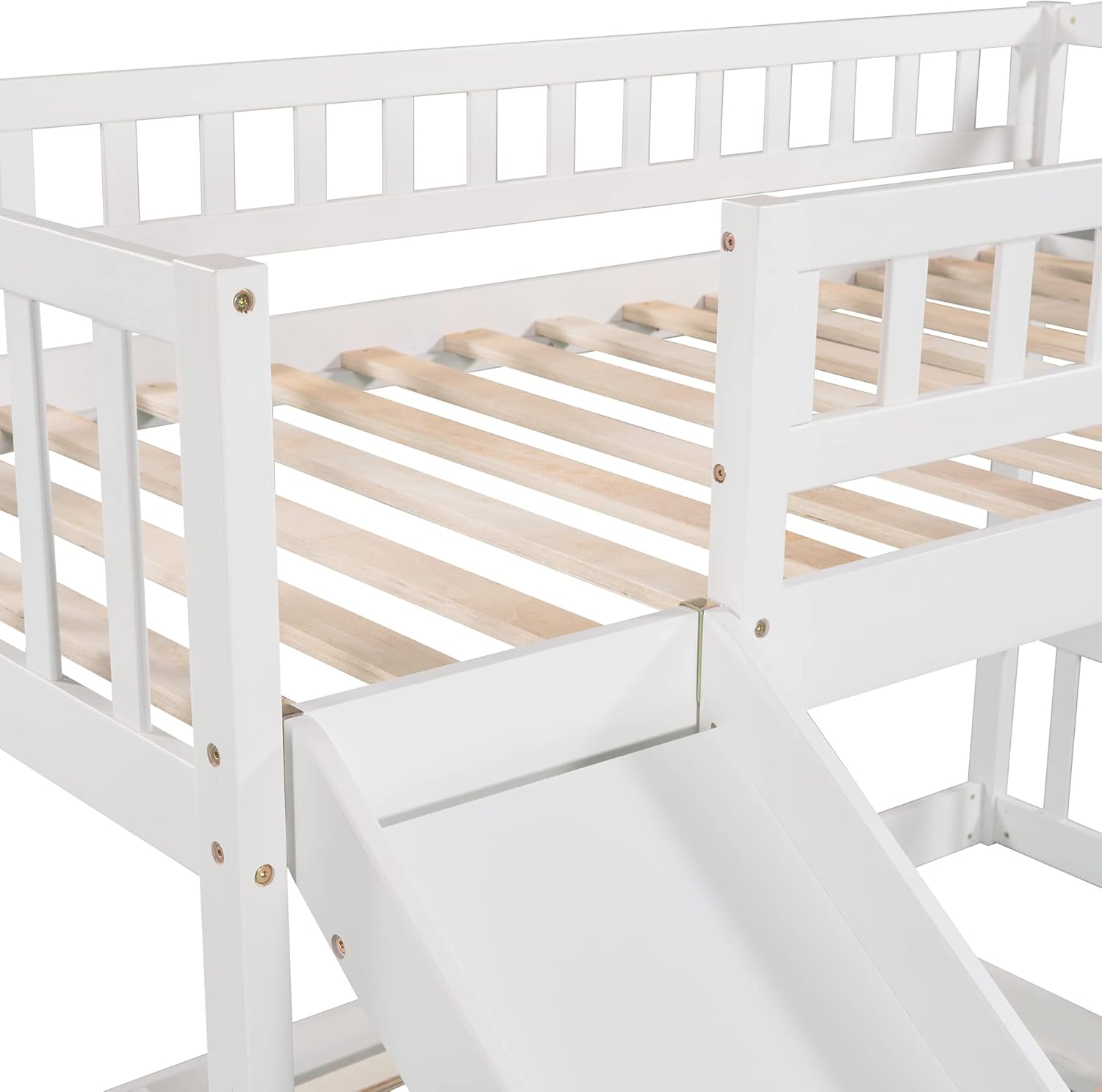 Bellemave Twin Over Twin Bunk Bed, Wooden Stairway Bunk Bed Frame with Slide, Floor Bunk Bed with Storage for Kids, Boys, Girls, No Spring Box Needed, White