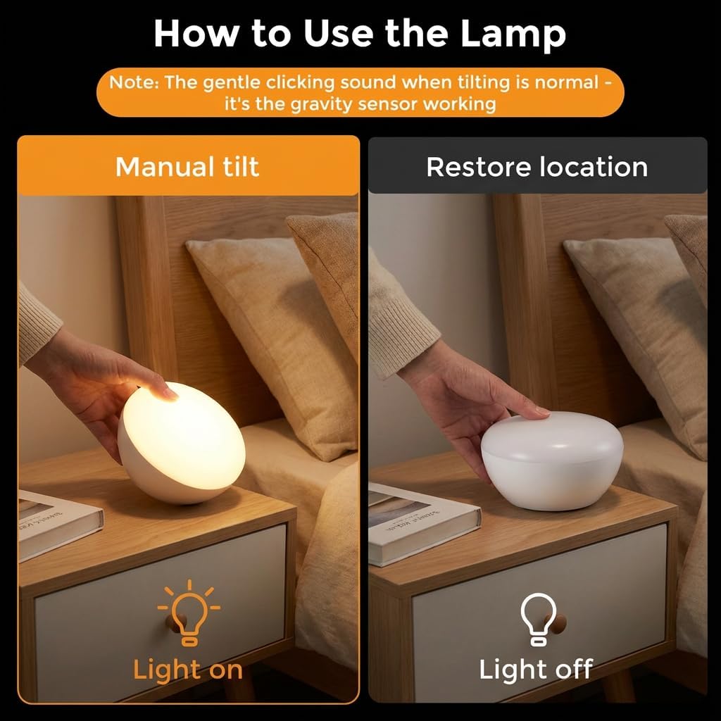 SEENSINY Gravity Sensor Cordless Table Lamp - 2700K Warm Light Rechargeable 2200mAh Battery Operated, Portable Mini Night Light for Nursery/Camping,No Button Tilt to Light, Bedroom/Outdoor/Gift