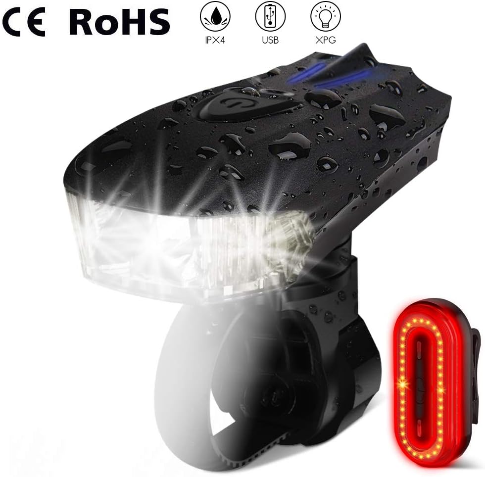SYNERKY Bike Light Set USB Rechargeable Cycling Bicycle LED Headlight Taillight 400ML Waterproof Front Rear Light Dimmable Lights for Night Riders