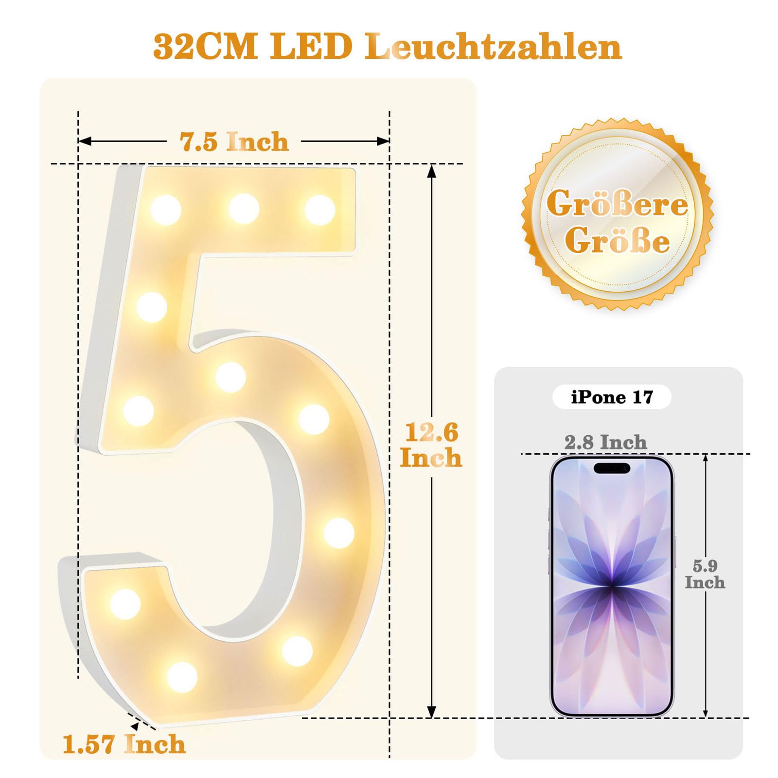 Numeri a LED da 32 cm, numeri illuminati, 50, bianco caldo e freddo, con telecomando, per decorazioni di compleanno, feste, matrimoni, funzionamento a batteria