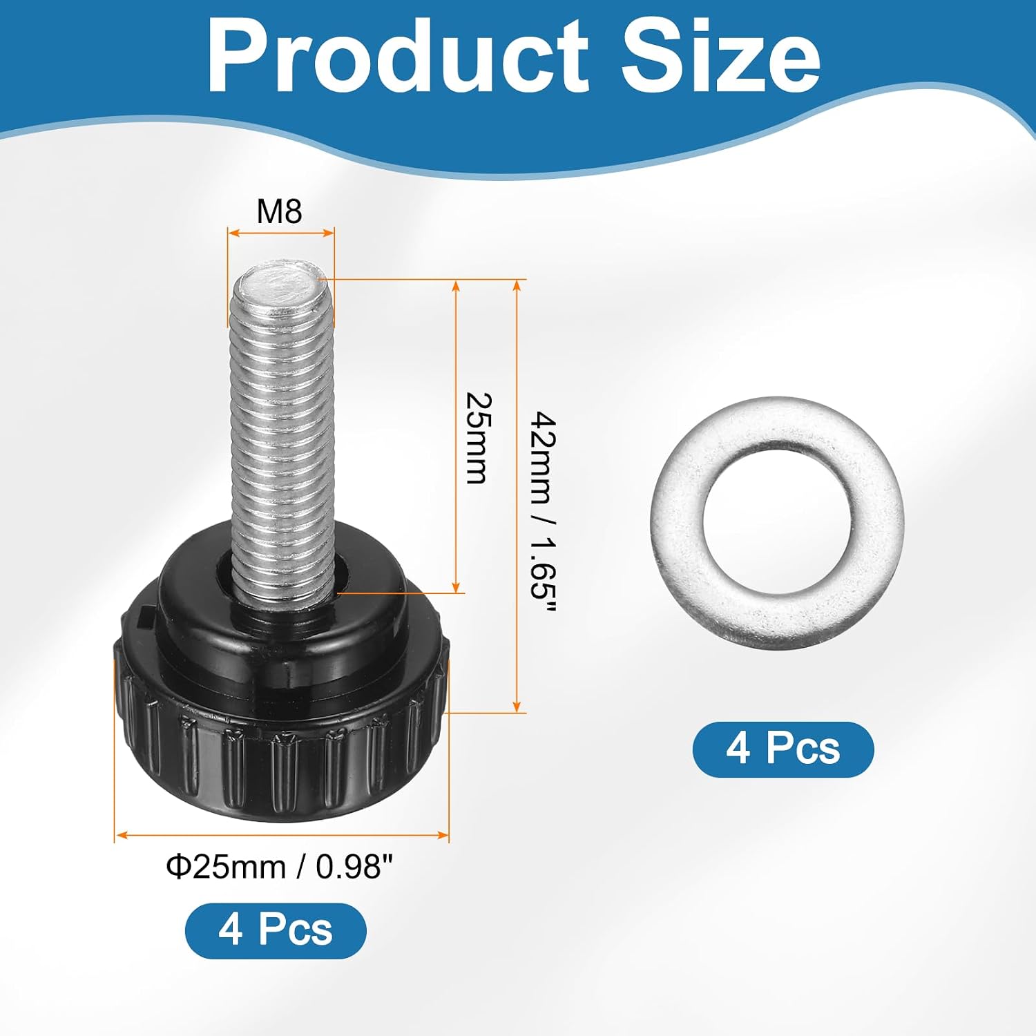 uxcell 4Pcs Knurled Clamping Knobs, M8 x 25mm Metric 304 Stainless Steel Male Thread Thumb Screws 25mm Width Knurled Handle Bolts Grip with Washers for Machine Umbrella Base Replacement