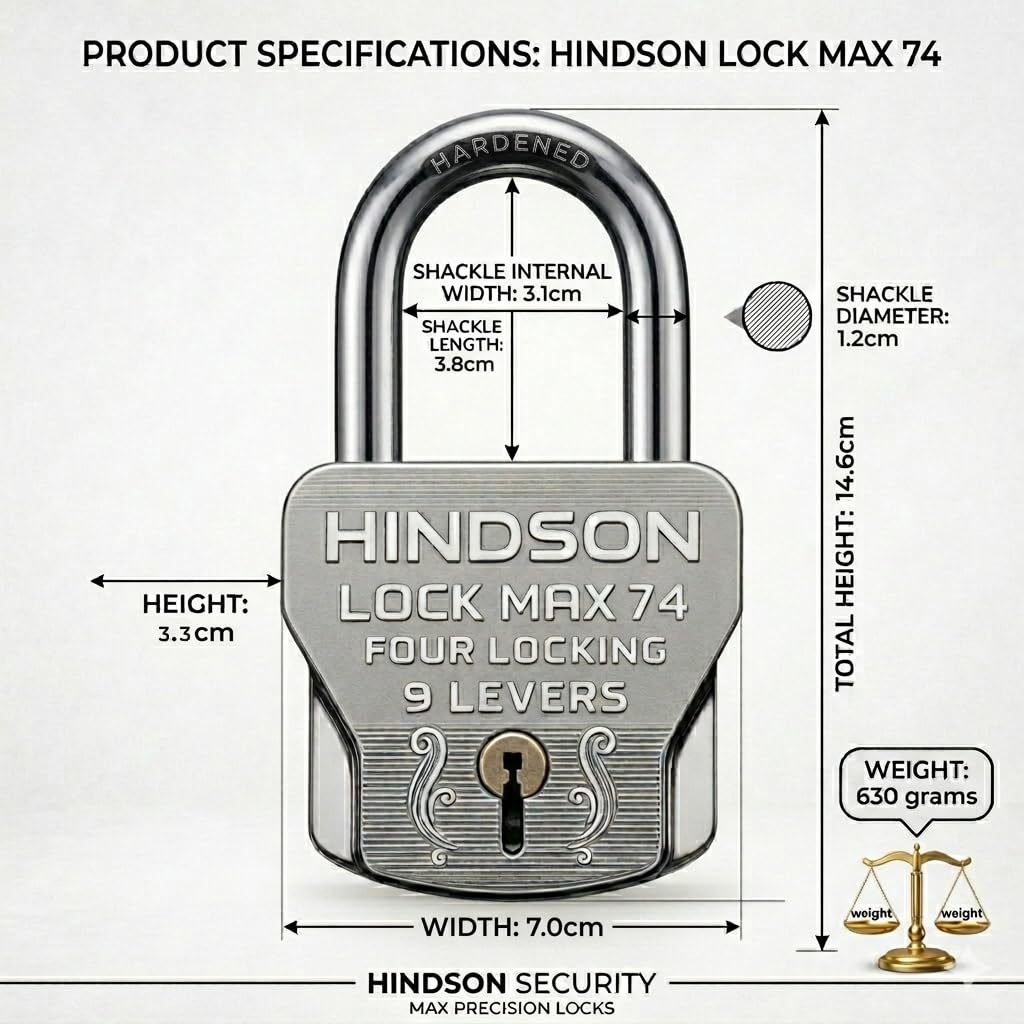 HINDSON 4 Locking Heavy Duty Padlock | Lock MAX 74 | 9 Lever Steel Lock & Key | Chrome Finish Big Size 610g Approx Padlock with 4 Keys for Home, Gate & Shutter Security — Amazon image 6